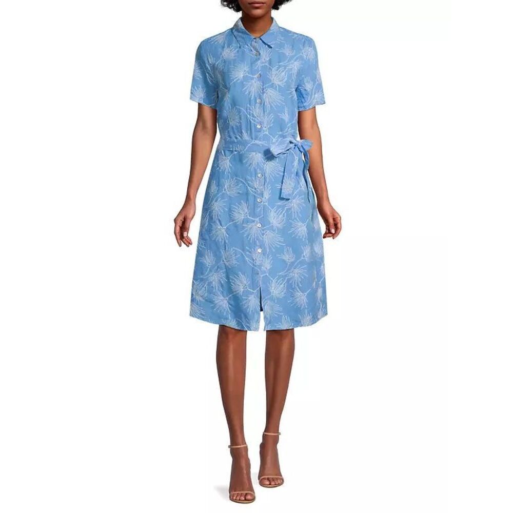 NWT 120% Lino Button Front Short Sleeve Embroidered Linen Shirt Dress Blue Sz 46